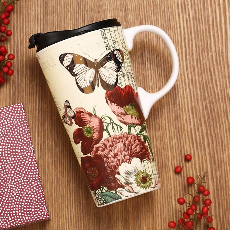 Topadorn 17 OZ Ceramic Coffee Mug Travel Cup with Lid and Gift Box, Red Flower and Butterfly - Image 3